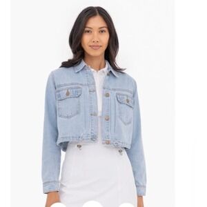 Mono B Light Wash Cropped Denim Trucker Jacket with Drawstring Hem Large NWT